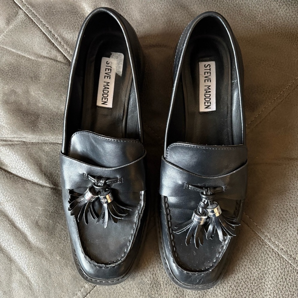 Steve Madden Annabeth Black Leather Chunky Tassel Loafers 9 Goth Mcbling Y2K Mod